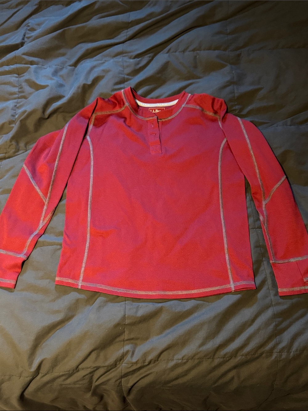 L.L. Bean Red Long-Sleeve Henley Top with Contrast Stitching